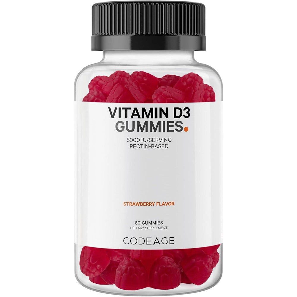 Codeage Vitamin D3 Gummy Vitamins, Vitamin D3 5000 IU Cholecalciferol 125 mcg, Strawberry Flavor, 60 Gummies