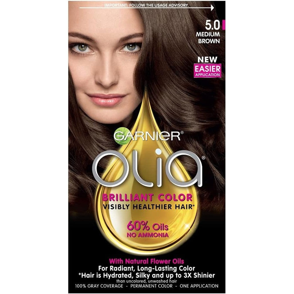 Garnier Olia Ammonia Free Permanent Hair Color, 100% Gray Coverage, 5.0 Medium Brown, Pack of 1
