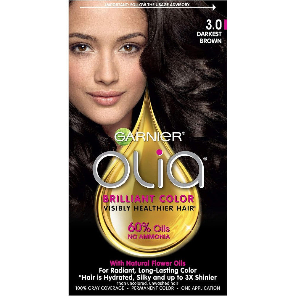 Garnier Olia Ammonia Free Permanent Hair Color, 100% Gray Coverage, 3.0 Darkest Brown Hair Dye, Pack of 1
