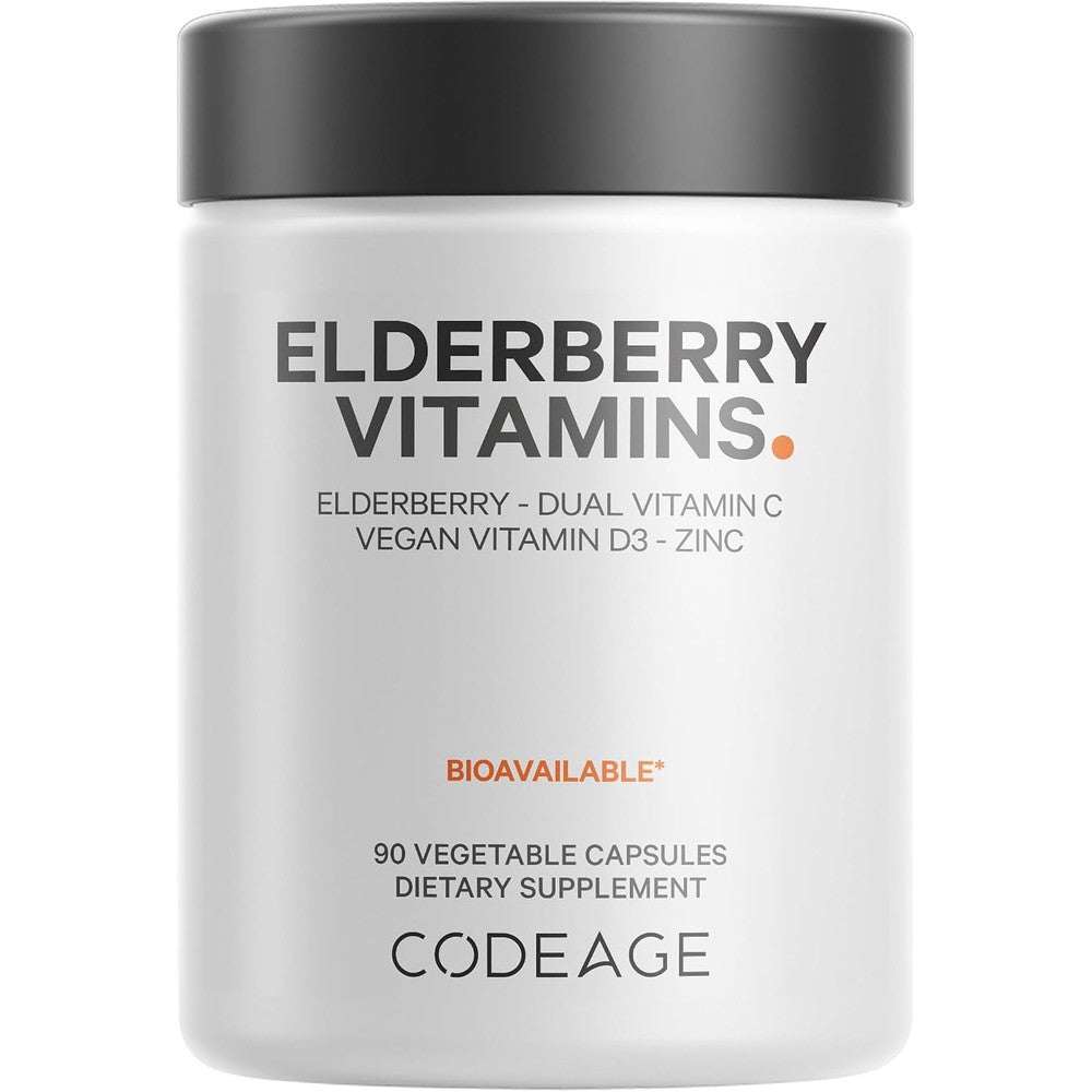 Codeage Elderberry Vitamins Supplement, Vitamin C, D3, Zinc, 90 Capsules, Organic Fermented Elderberry Blend