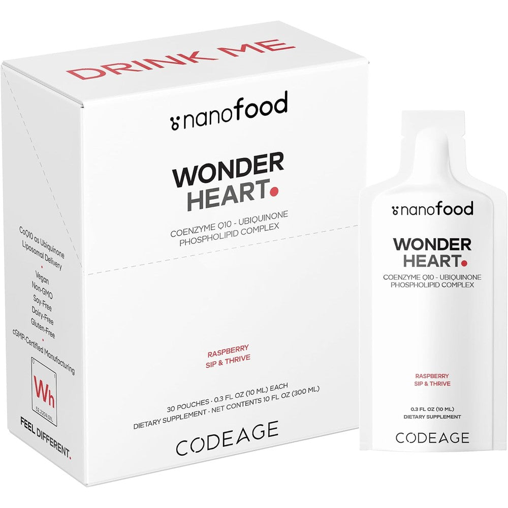Codeage Wonder Heart Liquid CoQ10 Liposomal Ubiquinone Supplement, Coenzyme Q10 Heart Vitamins, Raspberry Flavor, 30 Pouches