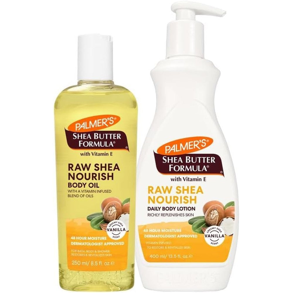 Palmer's Shea Butter Formula Body Care Bundle Raw Shea Body Lotion 13.5 Ounce and Lightweight Body Oil 8.5 Fluid Ounce