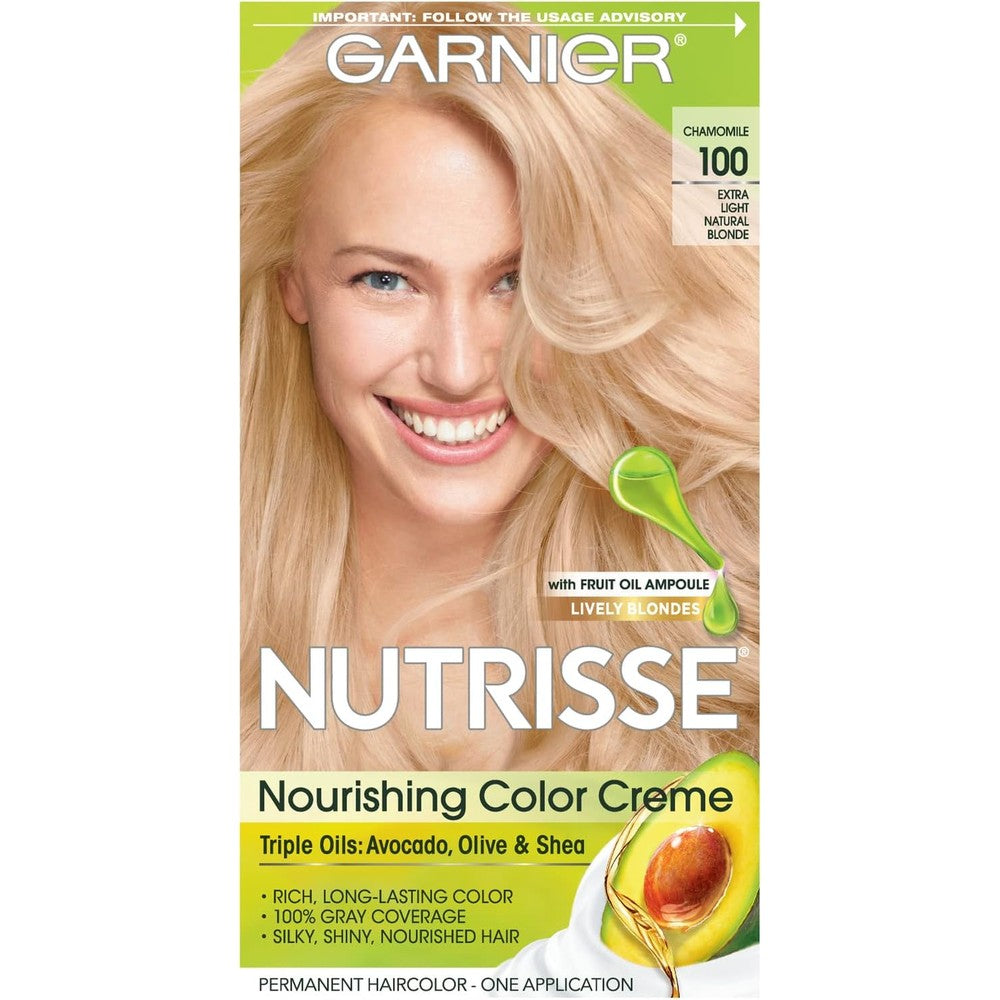 Garnier Nutrisse Nourishing Hair Color Creme 100 Extra-Light Natural Blonde Chamomile Permanent Hair Dye Kit