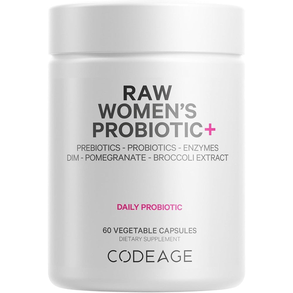 Codeage Raw Women's Probiotic Plus Supplement 34 Strains 100 Billion CFUs Digestive Enzymes Prebiotic Blend DIM Herbal Extracts 60 Capsules