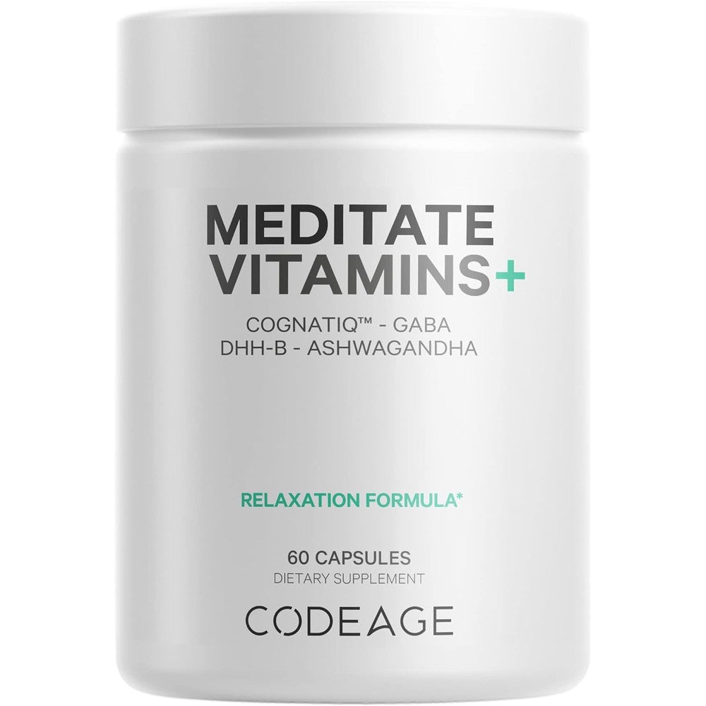 Codeage Meditate Vitamins+, CognatiQ, Ashwagandha, GABA, 60 Capsules | Brain Health And Relaxation Supplement