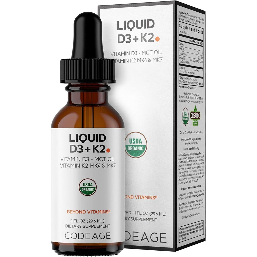 Codeage Liquid D3 And K2 Vitamins USDA Organic - 2000 IU Vitamin D3 And Vitamin K2 Liquid Drops With Organic MCT Oil - 1 Fluid Ounce