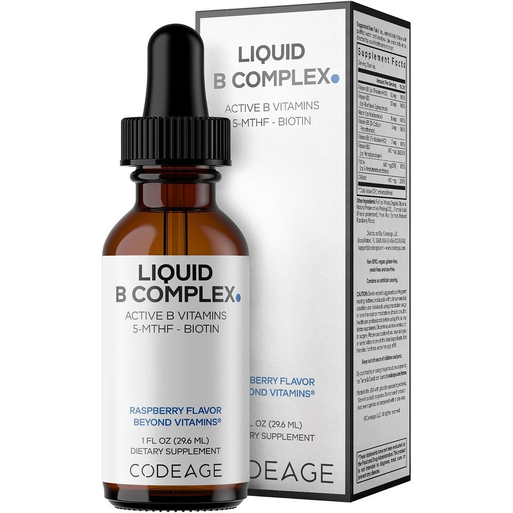 Codeage Liquid B-Complex Supplement With 8 Essential B Vitamins Active Methylated Folate And Biotin Raspberry Flavor 1 Fluid Ounce