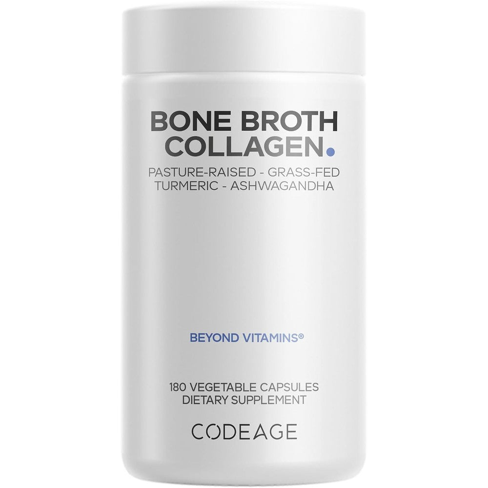 Codeage Organic Bone Broth Collagen Peptides Capsules Supplement Grass Fed Beef Free-Range Chicken Turmeric And Ashwagandha Types I II III 180 Caps...