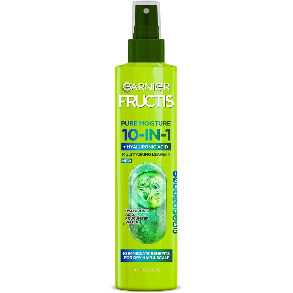 Garnier Fructis Pure Moisture 10-In-1 Spray For Dry Hair And Scalp With Hyaluronic Acid And Cucumber Water 8.1 Fluid Ounce 1 Count