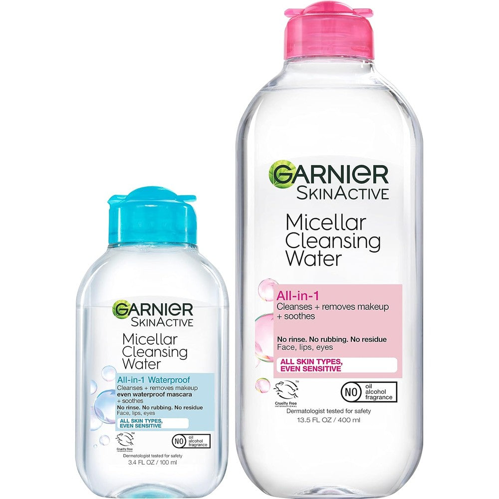 Garnier SkinActive Micellar Cleansing Water For All Skin Types 13.5 Fluid Ounces Plus Waterproof Makeup Remover 3.4 Fluid Ounces Duo Set
