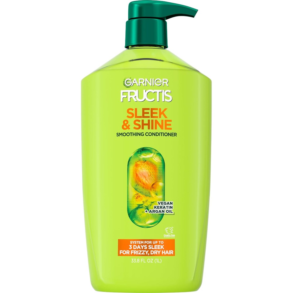 Garnier Fructis Sleek And Shine Smoothing Conditioner For Frizzy And Dry Hair With Argan Oil And Vegan Keratin, 33.8 Fluid Ounces