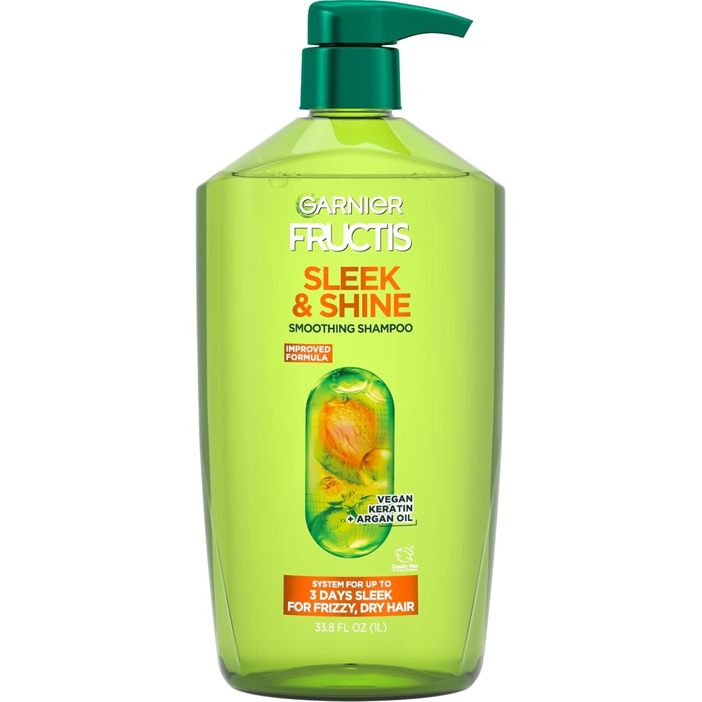 Garnier Fructis Sleek And Shine Smoothing Shampoo For Frizzy Dry Hair With Argan Oil And Vegan Keratin 33.8 Fluid Ounce