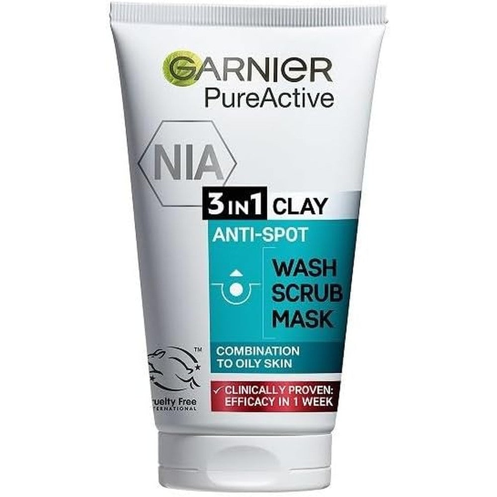 Garnier Pure Active 3 In 1 Clay Mask Wash Scrub 150 Milliliters For Oily And Blemish Prone Skin With Salicylic Acid And Eucalyptus