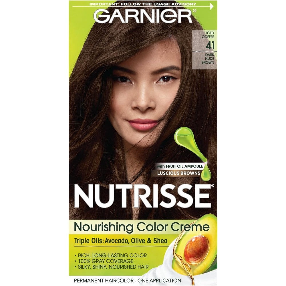 Garnier Hair Color Nutrisse Nourishing Creme, 41 Dark Nude Brown Iced Coffee Permanent Hair Dye, 1 Count