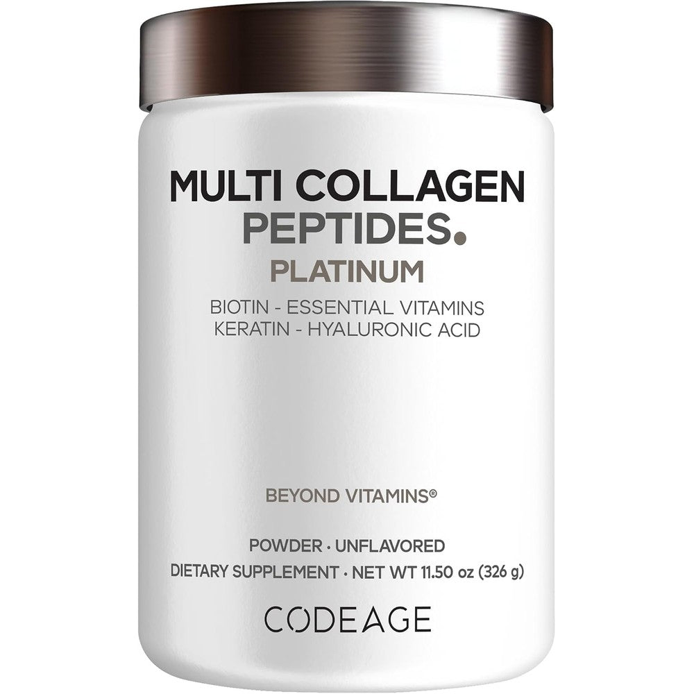 Codeage Platinum Multi Collagen Peptides Powder With Biotin 10000mcg Keratin And Hyaluronic Acid Unflavored 11.5 Ounces