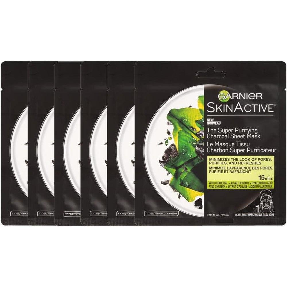 Garnier SkinActive Super Purifying Charcoal Sheet Mask 6 Count Pack Of Facial Masks With Hyaluronic Acid And Algae Extract