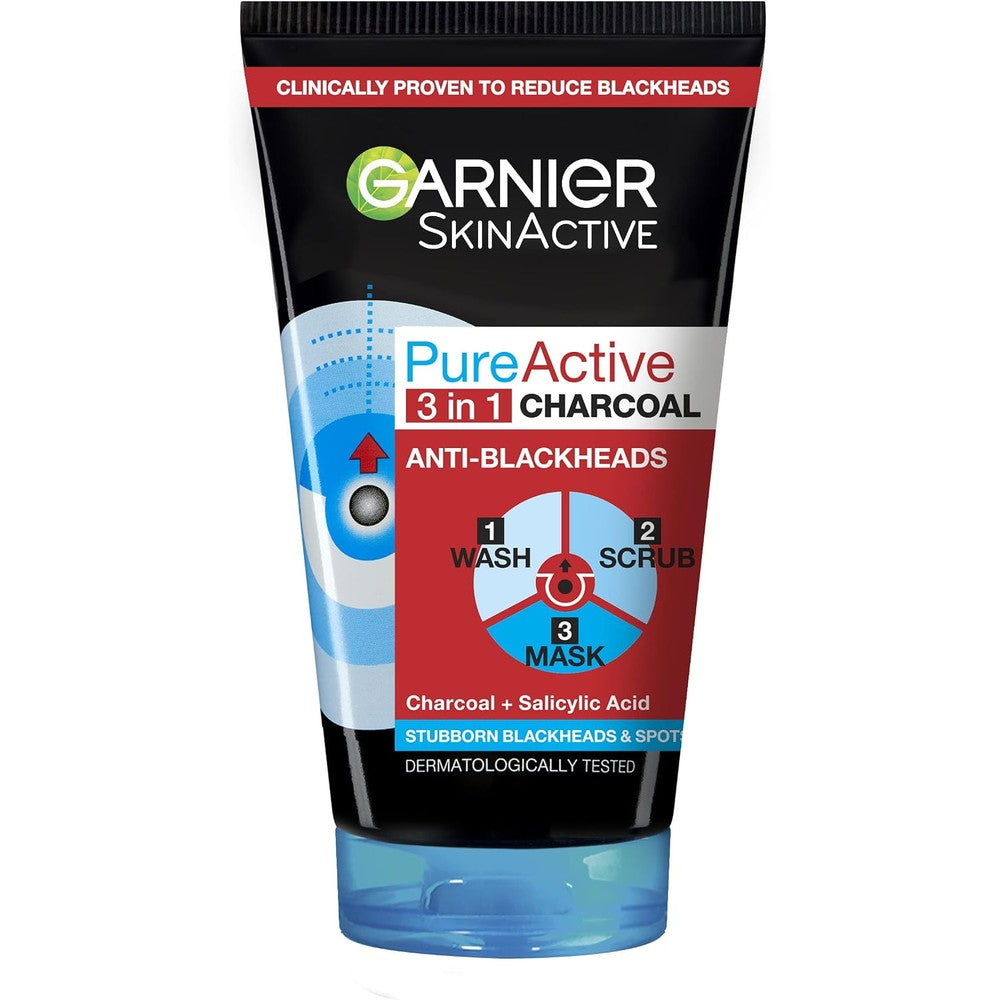 Garnier Skin Active Pure Active Intensive 3 In 1 Charcoal Anti Blackhead Mask Wash And Scrub 150 Milliliters