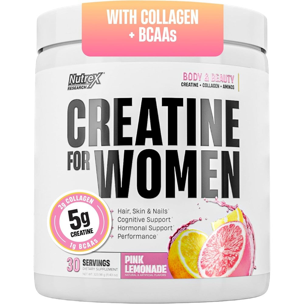 Nutrex Research Creatine for Women Booty and Beauty Powder Supplement Pink Lemonade Flavor 5 Gram Creatine 2 Gram Collagen 30 Servings