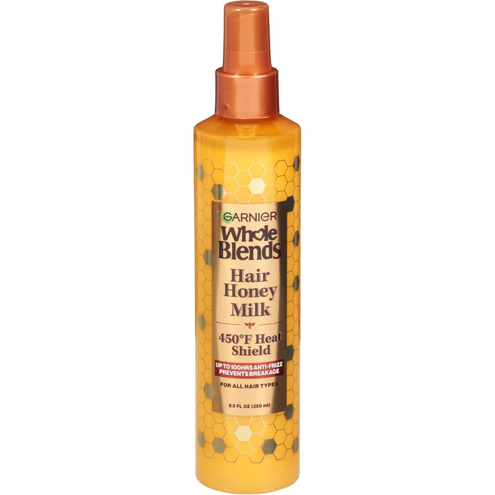 Garnier Whole Blends Hair Honey Milk 450F Heat Protectant Spray, Heat Protectant For All Hair Types With Up To 100 Hours Of Frizz Control, 8.5 Flui...