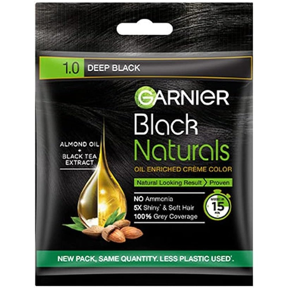 Garnier Black Naturals Oil Enriched Cream Hair Color Almond Oil And Black Tea Extract Shade 1.0 Deep Black 20 Milliliters Plus 20 Grams