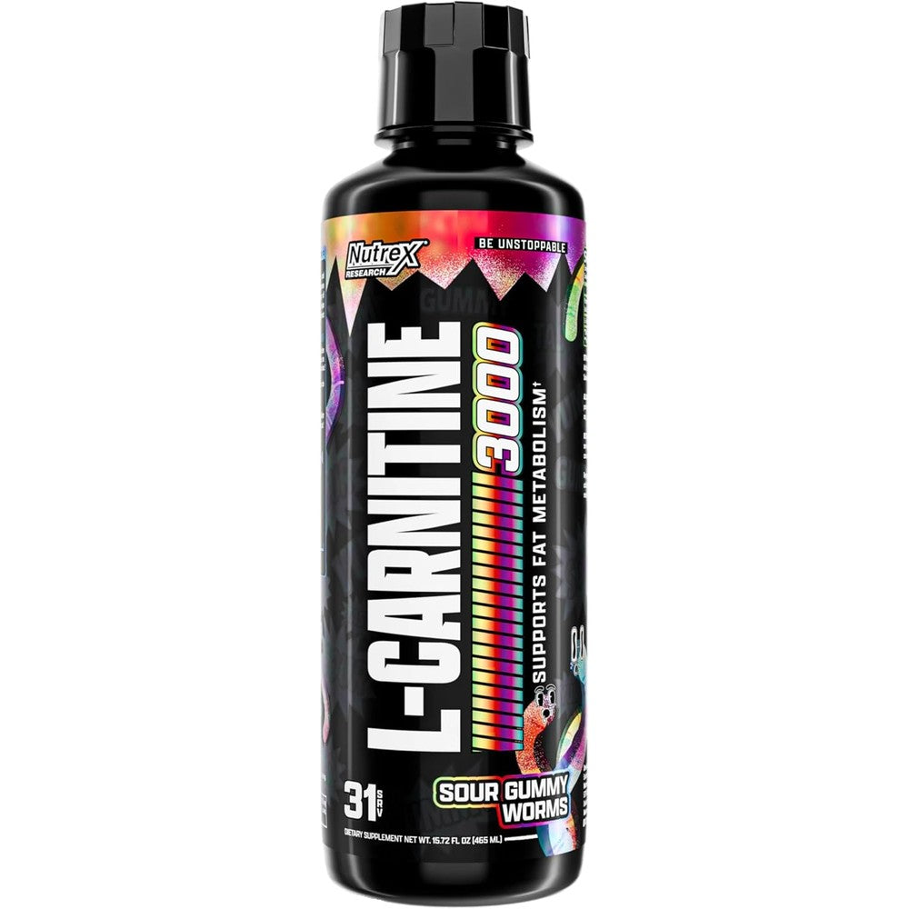 Nutrex Research Liquid L-Carnitine 3000 Supplement Sour Gummy Worms 16 Fluid Ounce 31 Servings