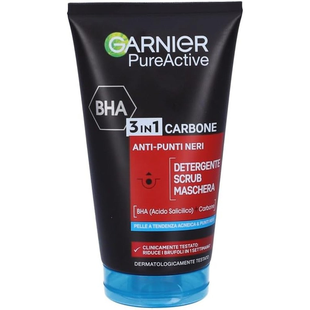 Garnier Pure Active Limpiador 3EN1 Carbon 150ml Charcoal Anti Blackhead Wash Scrub And Mask