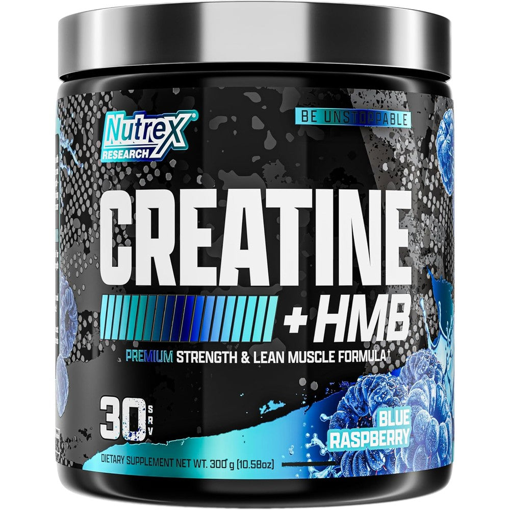 Nutrex Research Creatine HMB Powder Blue Raspberry Flavor 5 Grams Creatine Monohydrate and 1500 Milligrams HMB 30 Servings
