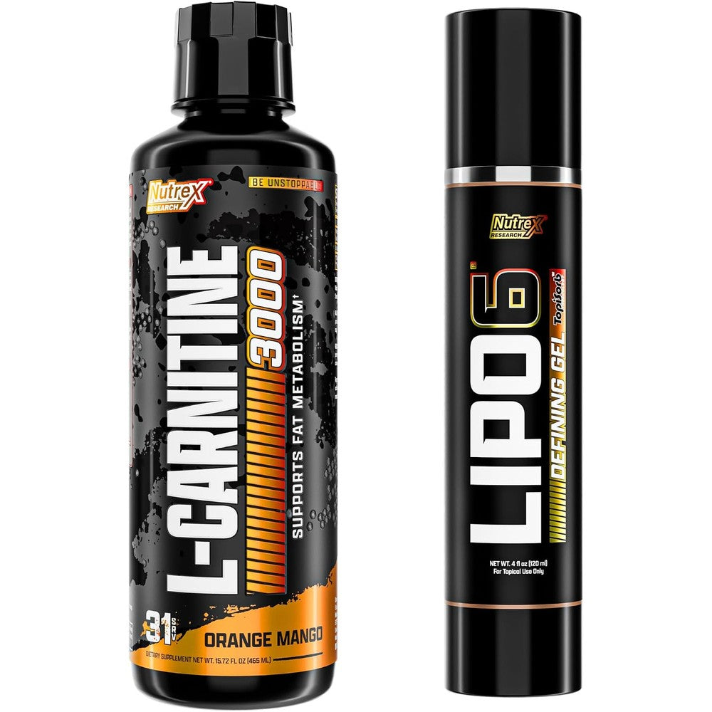 Nutrex Research Lipo-6 Defining Gel and Liquid L-Carnitine 3000 Orange Mango Stimulant-Free Workout Combo 4 Fluid Ounces and 16 Fluid Ounces