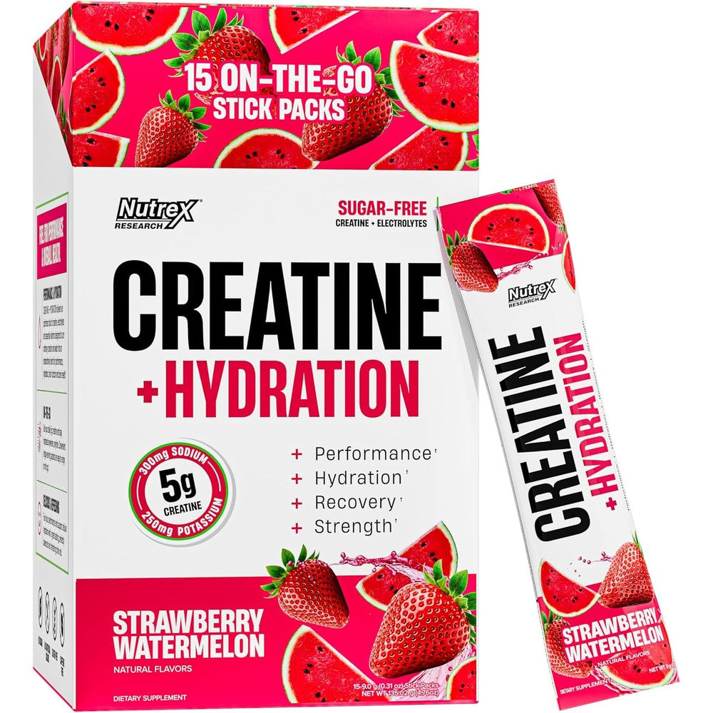 Nutrex Research Essentials Creatine Plus Hydration Stick Packs Strawberry Watermelon Flavor 5 Gram Creatine Monohydrate 15 Single Serve Packs