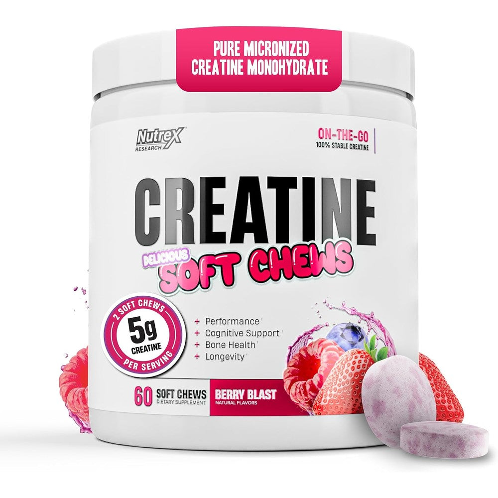 Nutrex Research Essentials Creatine Soft Chews 5 Grams Per Serving Berry Blast Flavor Gluten Free 60 Count