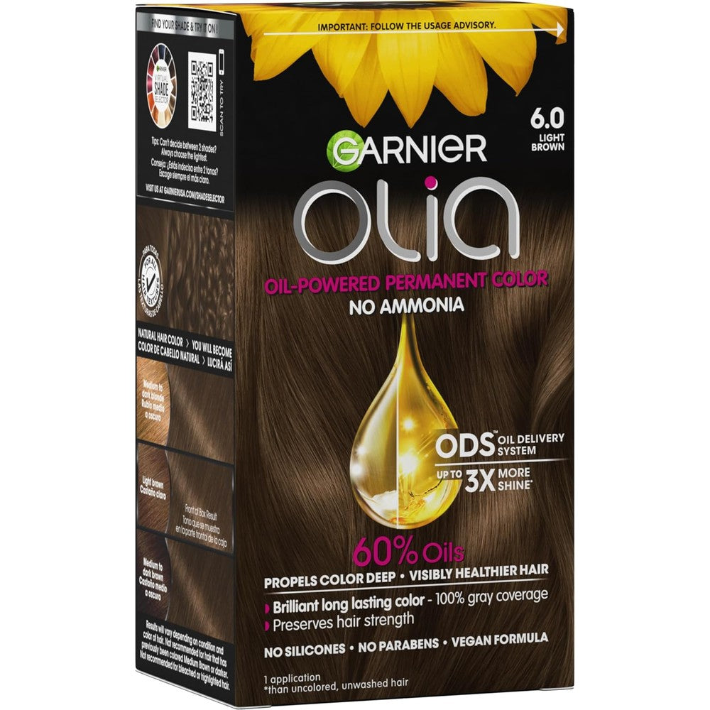 Garnier Olia Ammonia Free Permanent Hair Color Oil Powered Formula With Natural Flower Oils 6.0 Light Brown 1 Count