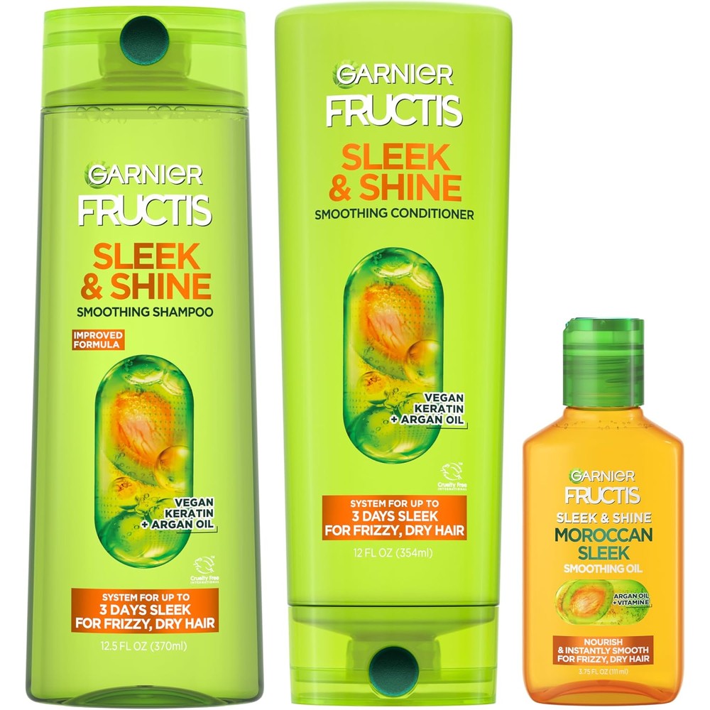 Garnier Fructis Sleek And Shine Shampoo Conditioner And Moroccan Sleek Oil Set For Frizzy And Dry Hair 3 Items