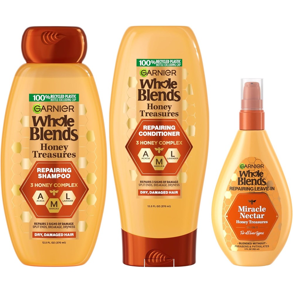 Garnier Whole Blends Honey Treasures Repairing Shampoo Conditioner And Miracle Nectar Leave In Set For Dry Damaged Hair 3 Items 1 Kit