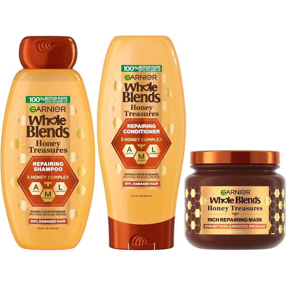 Garnier Whole Blends Honey Treasures Repairing Shampoo Conditioner And Hair Mask Set For Dry Damaged Hair 3 Items 1 Kit