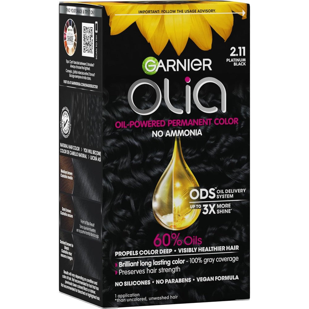 Garnier Olia Ammonia Free Permanent Hair Dye, Oil Powered Formula For 100 Percent Gray Coverage And 3x Shinier Hair, 2.11 Platinum Black, 1 Count