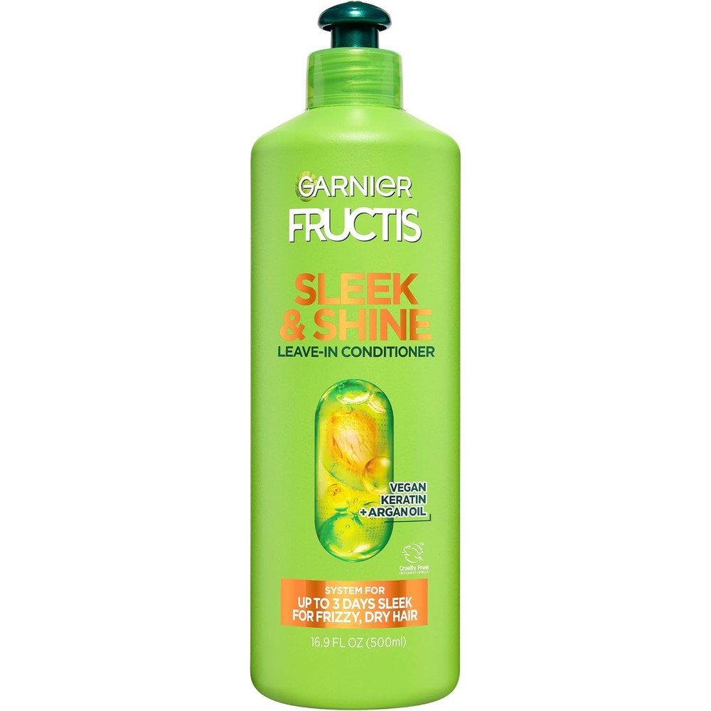 Garnier Fructis Sleek And Shine XL Leave-In Conditioner Cream, Anti-Frizz Hair Treatment with Plant Keratin and Argan Oil, 16.9 Fluid Ounce