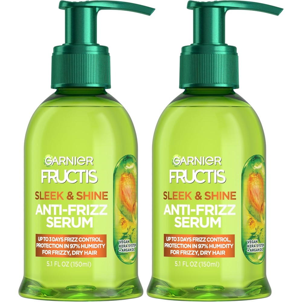 Garnier Fructis Sleek And Shine Anti-Frizz Hair Serum For Frizzy Dry Hair With Argan Oil 5.1 Fluid Ounces 2 Count