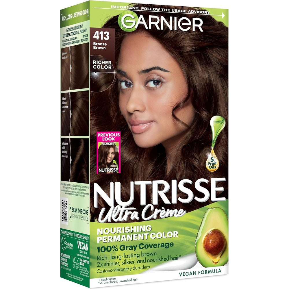Garnier Nutrisse Ultra Creme Hair Color Permanent Hair Dye With 100% Gray Coverage 413 Bronze Brown Bronze Sugar 1 Count