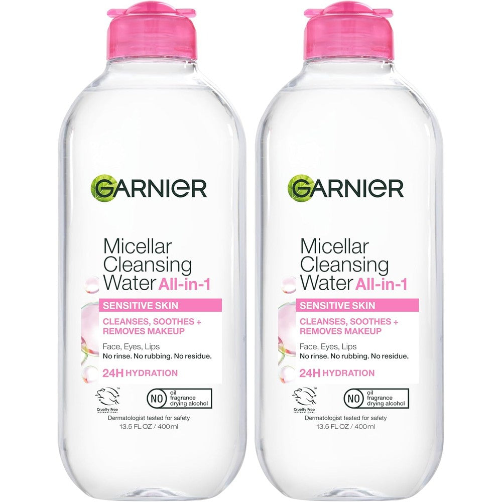 Garnier SkinActive Micellar Cleansing Water Hydrating Facial Cleanser And Makeup Remover Suitable For Sensitive Skin Vegan 13.5 Fluid Ounce 2 Count