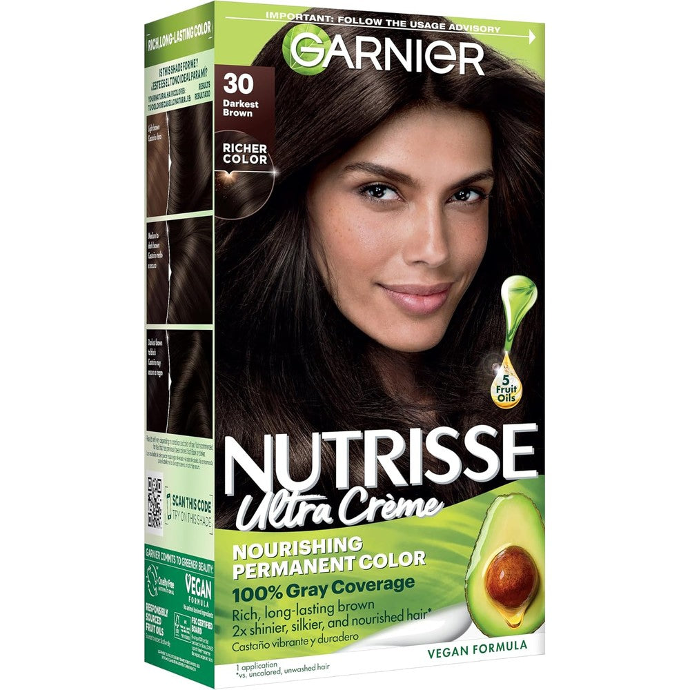 Garnier Nutrisse Ultra Creme Permanent Hair Color Dye With 100 Percent Gray Coverage 30 Darkest Brown Sweet Cola 1 Count