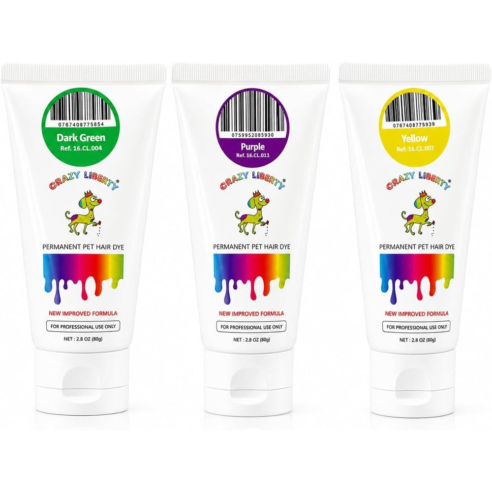 Crazy Liberty Permanent Pet Hair Dye Mardi Gras Set Dark Green Purple Yellow Three Tubes 2.8 Fluid Ounce