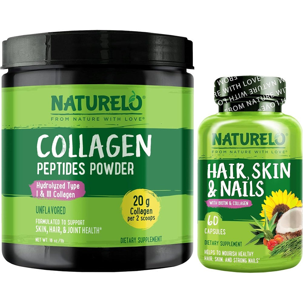 Naturelo Hair, Skin And Nails Multivitamin 60 Count And Collagen Peptide Powder 45 Servings