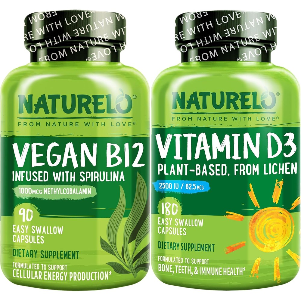 NATURELO Plant-Based Vitamin D3 From Lichen 180 Mini Capsules and Vegan B12 1000 mcg Methylcobalamin 90 Capsules Bundle