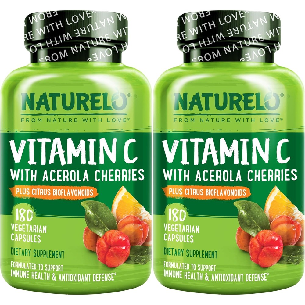 NATURELO Vitamin C with Organic Acerola Cherry Extract and Citrus Bioflavonoids Vegan Supplement Immune Support 500 Milligrams 180 Capsules Pack of 2