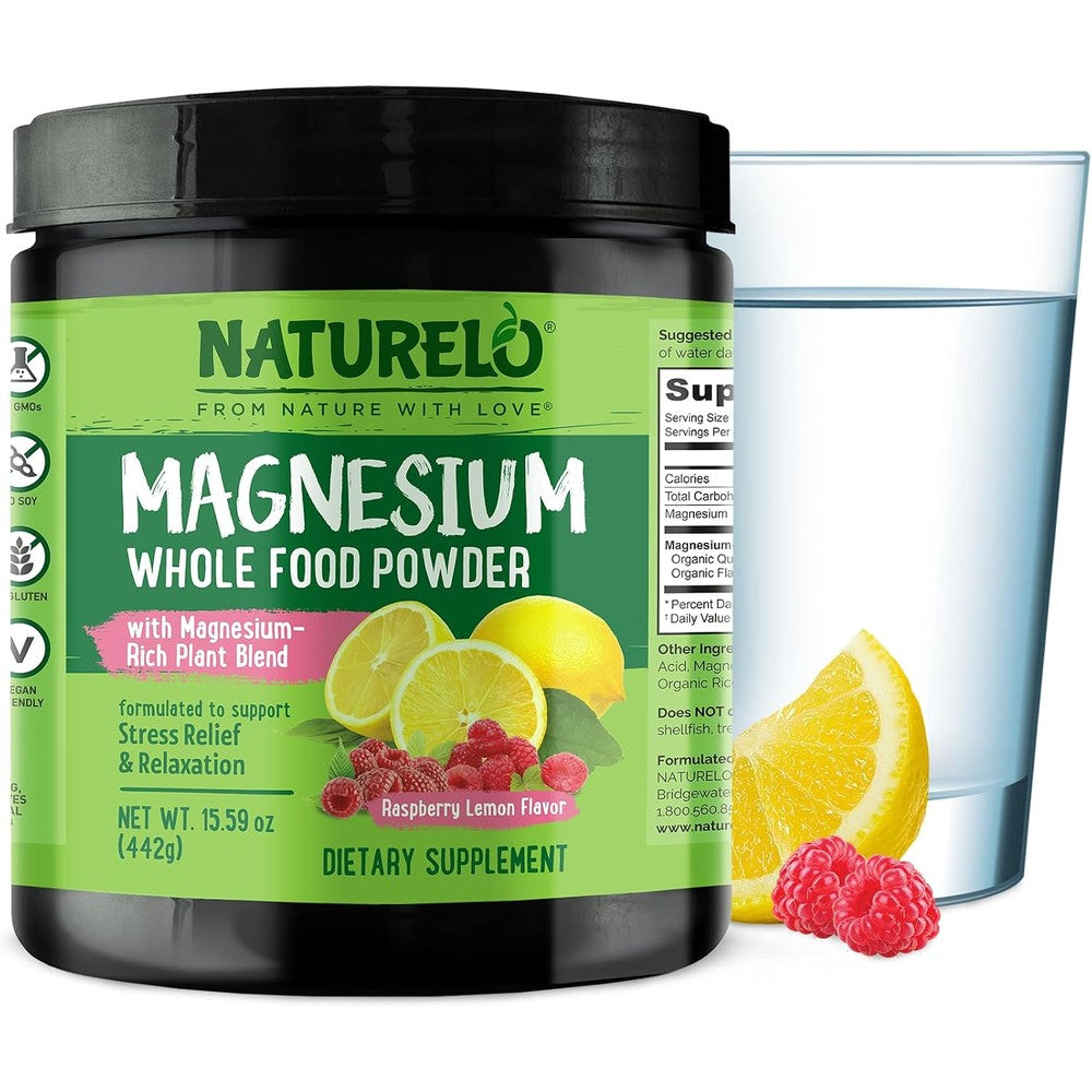 Naturelo Magnesium Powder Whole Food Calm Raspberry Lemon Flavor 85 Servings 15 Ounces