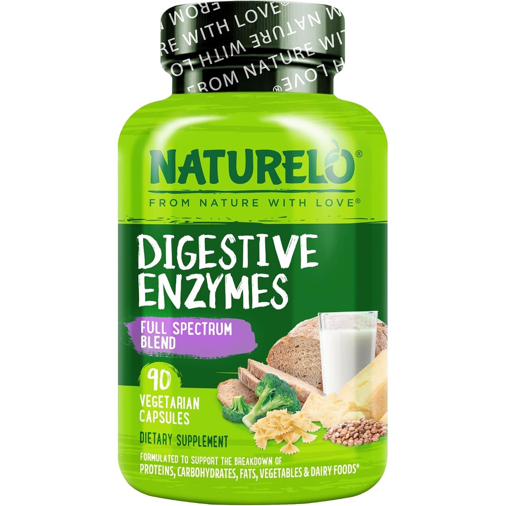 NATURELO Digestive Enzymes Full Spectrum Support With 15 Enzymes Plus Ginger 90 Vegetarian Capsules