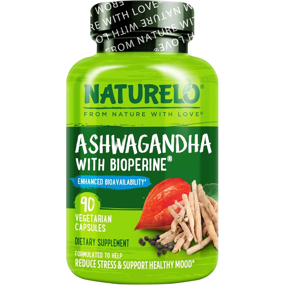 Naturelo Ashwagandha Organic Root Powder Natural Herbs Supplement With Black Pepper Extract 90 Vegan Capsules