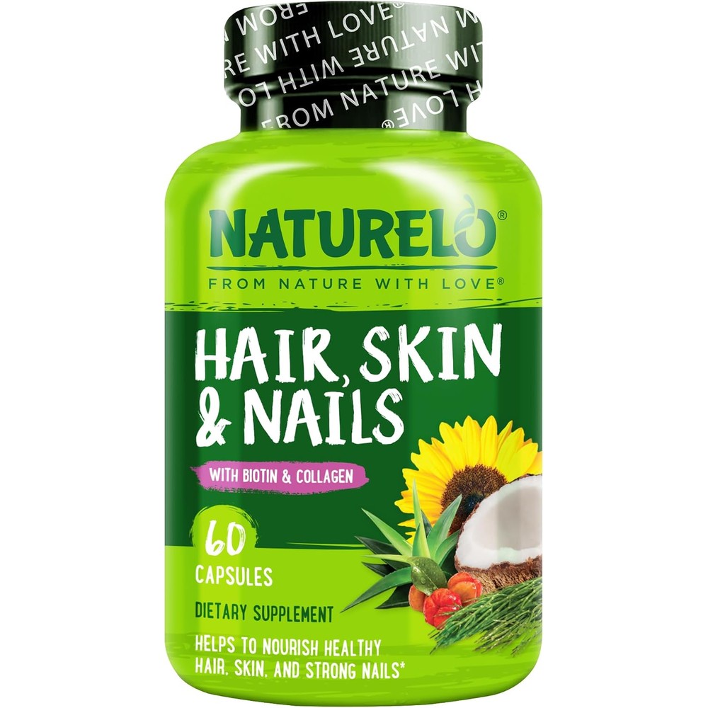 Naturelo Hair, Skin and Nails Vitamins with 5000 mcg Biotin, Collagen, and Natural Vitamin E - 60 Capsules