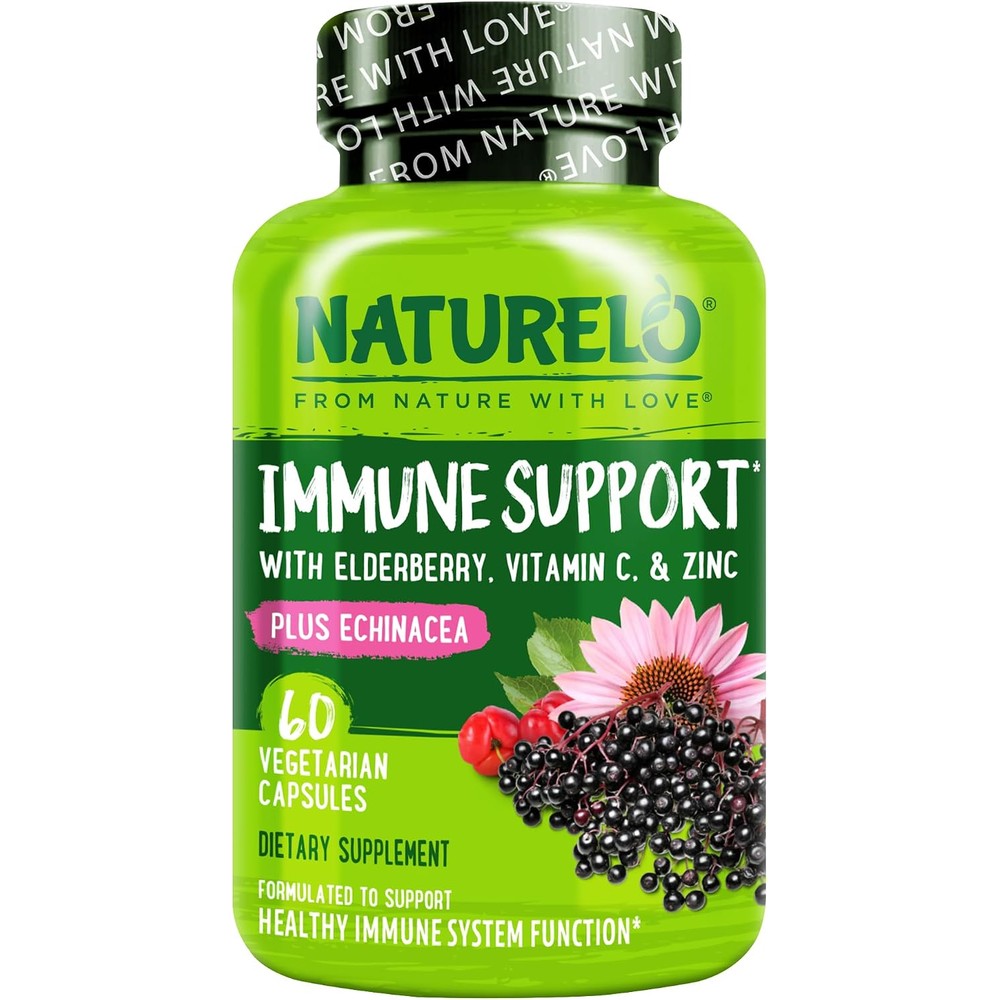 NATURELO Immune Support Vitamin C Elderberry Zinc Echinacea Natural Immunity Boost 60 Vegan Capsules