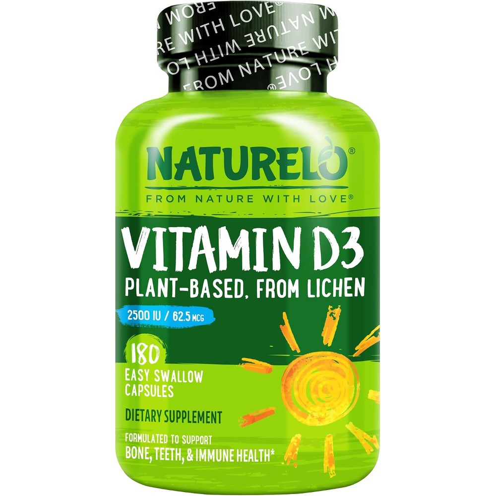 Naturelo Vitamin D 2500 IU Plant Based From Lichen Natural D3 Supplement For Immune System Bone Support Joint Health Vegan 180 Capsules